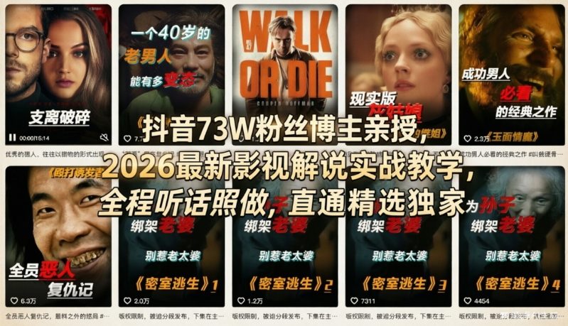 抖音73W粉丝博主亲授，2026最新影视解说实战教学，全程听话照做，直通精选独家-创领云聚