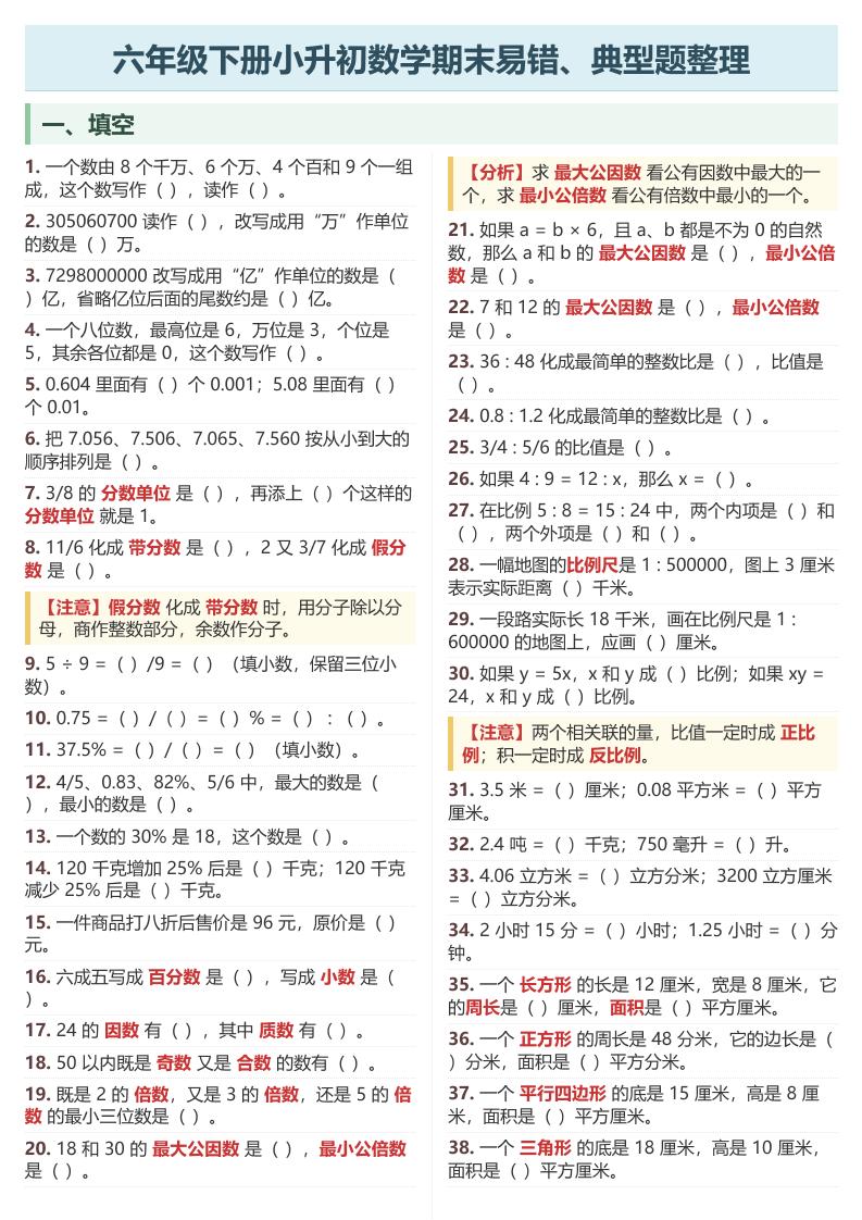 六年级下数学期末常考易错、典型题整理-智享云联