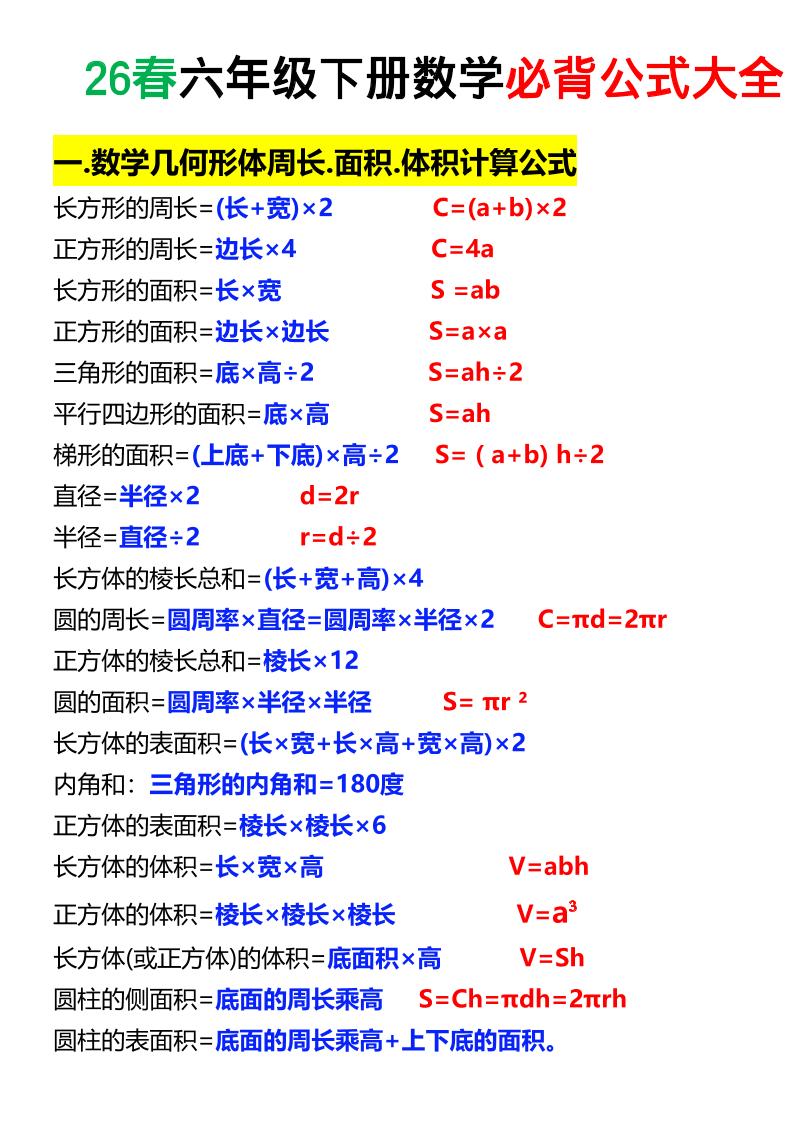 26春六年级下数学期末必背公式大全-智享云联