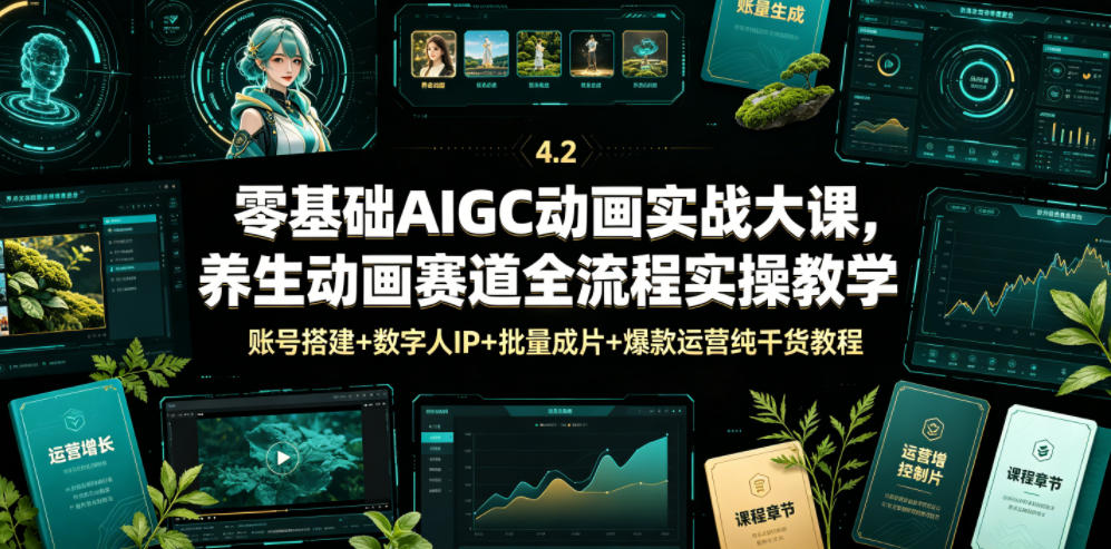 零基础AIGC动画实战大课，养生动画赛道全流程实操教学，账号搭建+数字人IP+批量成片+爆款运营纯干货教程-智享云联