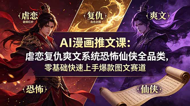 AI漫画推文课：虐恋复仇爽文系统恐怖仙侠全品类，零基础快速上手爆款图文赛道-智享云联