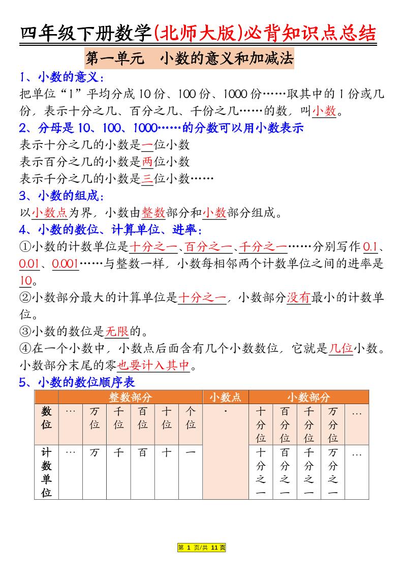 四年级下数学知识要点归纳《北师版》-智享云联