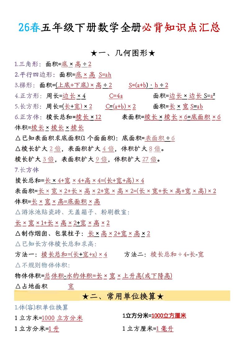 26春五年级下数学期末必背公式汇总-智享云联