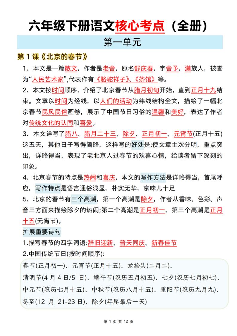 六年级下语文期末全册课文核心考点-智享云联
