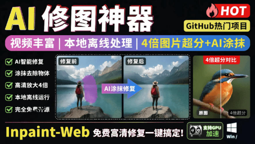 本地离线处理，4倍图片超分+AI涂抹去水印！Github上热门神器，免费高清修复图一键搞定！Inpaint-Web-智享云联