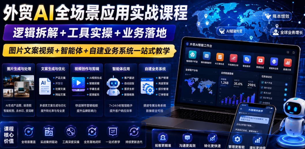 外贸AI全场景应用实战课程｜逻辑拆解+工具实操+业务落地，图片文案视频+智能体+自建业务系统一站式教学-智享云联