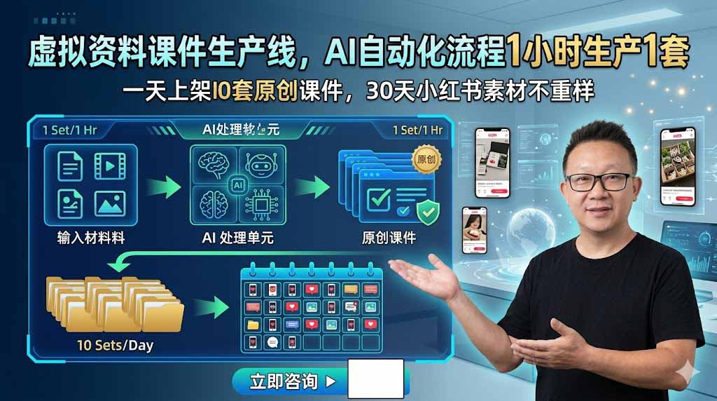 虚拟资料课件生产线，AI自动化流程1小时生产1套，一天上架10套原创课件，30天小红书素材不重样-智享云联