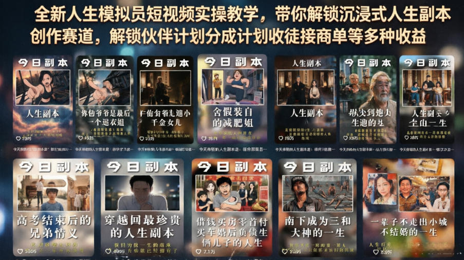 全新人生模拟员短视频实操教学，带你解锁沉浸式人生副本创作赛道，解锁伙伴计划分成计划收徒接商单等多种收益-智享云联