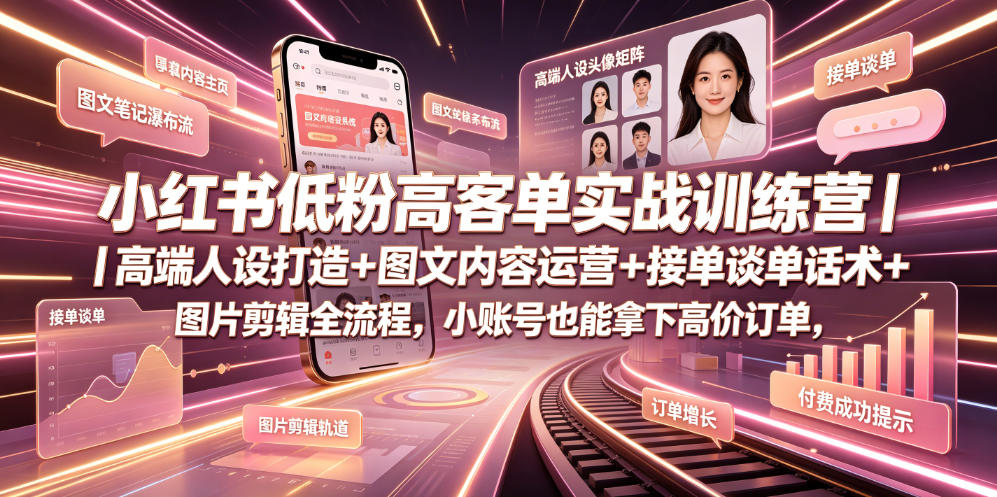 小红书低粉高客单实战训练营｜高端人设打造+图文内容运营+接单谈单话术+图片剪辑全流程，小账号也能拿下高价订单-智享云联