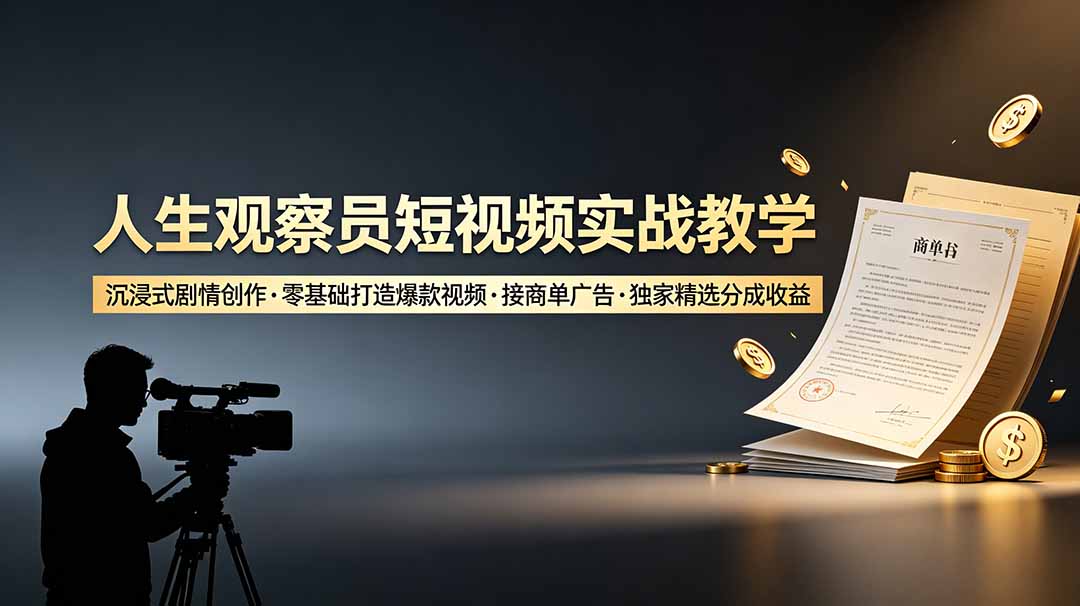 人生观察员短视频实战教学，沉浸式剧情创作，零基础打造爆款视频，接商单广告，独家精选分成收益-智享云联