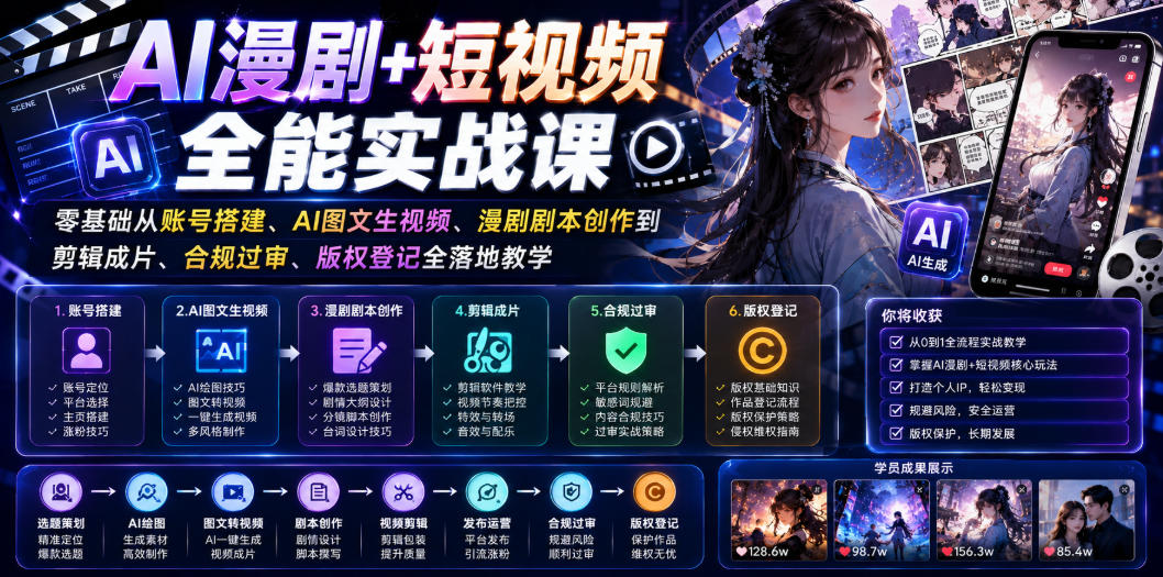 AI漫剧+短视频全能实战课｜零基础从账号搭建、AI图文生视频、漫剧剧本创作到剪辑成片、合规过审、版权登记全落地教学-智享云联