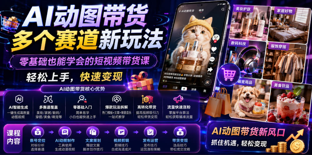AI动图带货多个赛道新玩法，零基础也能学会的短视频带货课，轻松上手，快速变现-智享云联