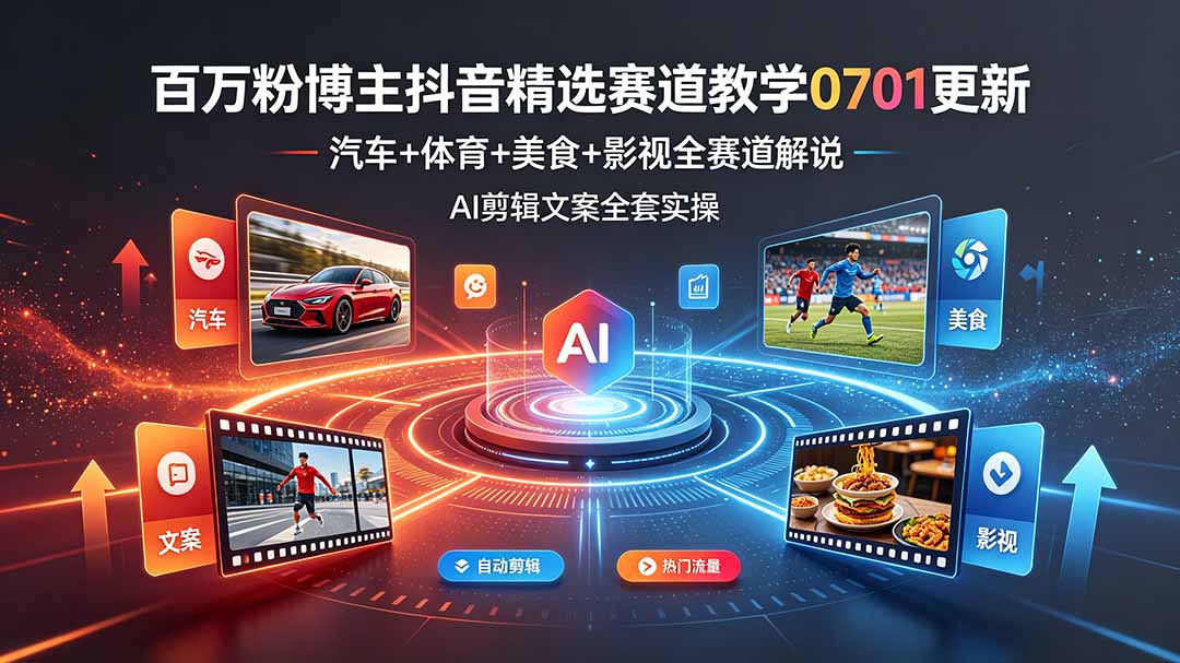 百万粉博主抖音精选赛道教学-0701更新,汽车+体育+美食+影视全赛道解说,AI剪辑文案全套实操-智享云联