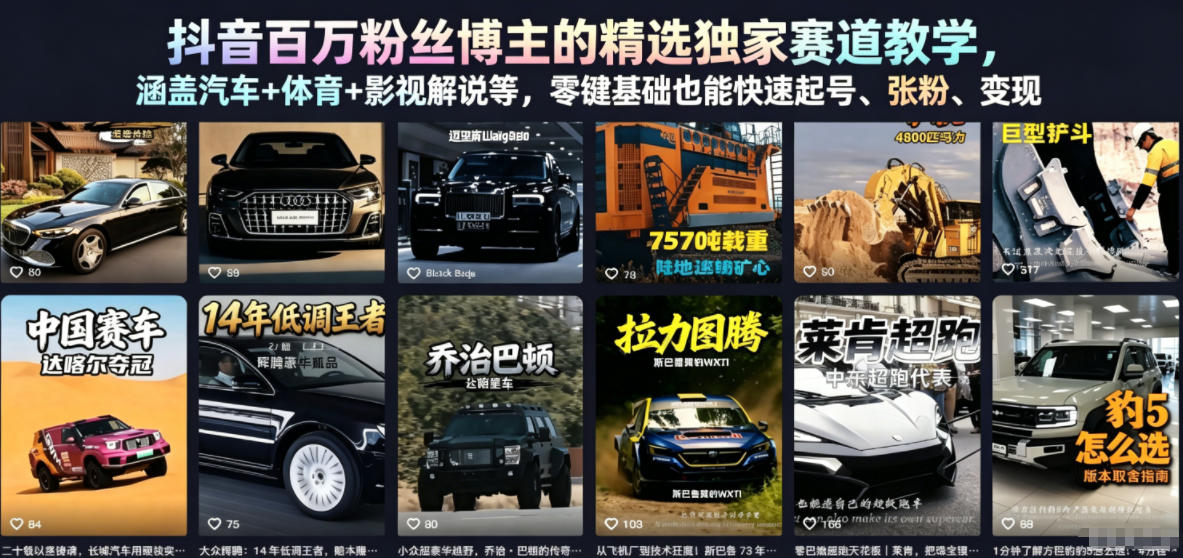 抖音百万粉丝博主的精选独家赛道教学，涵盖汽车+体育+影视解说等，零基础也能快速起号、涨粉、变现(更新0701)-智享云联