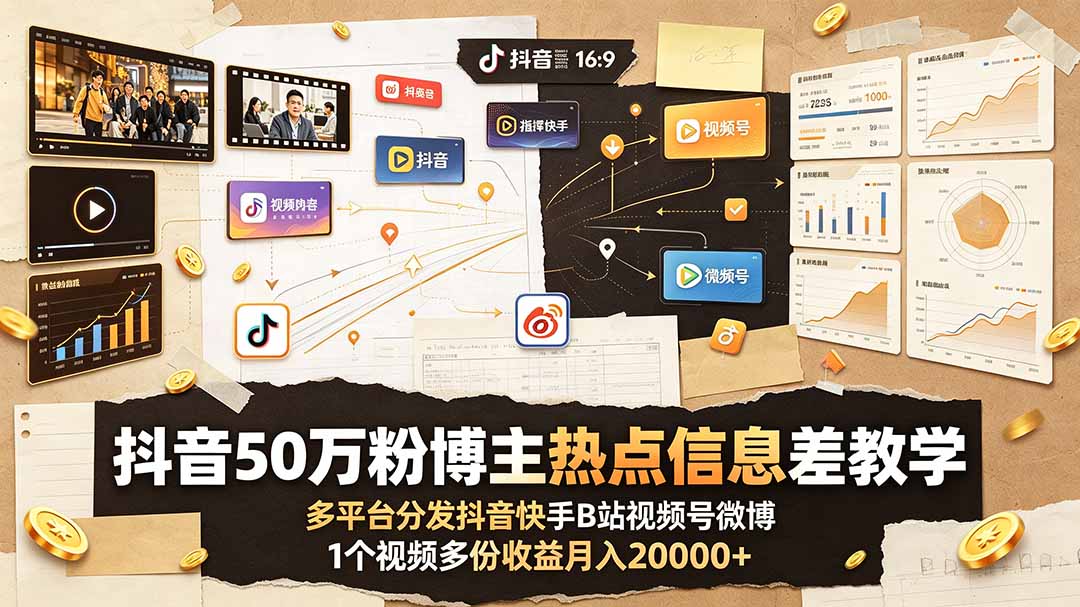 抖音50万粉博主热点信息差教学:多平台分发抖音快手B站视频号微博,1个视频多份收益月入20000+-智享云联