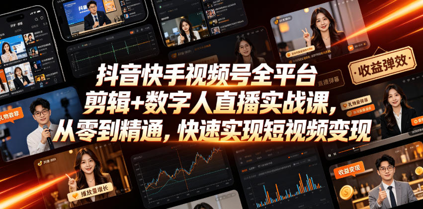 抖音快手视频号全平台剪辑+数字人直播实战课,从零到精通,快速实现短视频变现(更新2026年6月)-智享云联