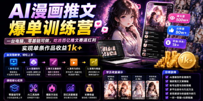 AI漫画推文爆单训练营，一台电脑，零基础可做，吃透百亿推文赛道红利，实现单条作品收益1k+-智享云联