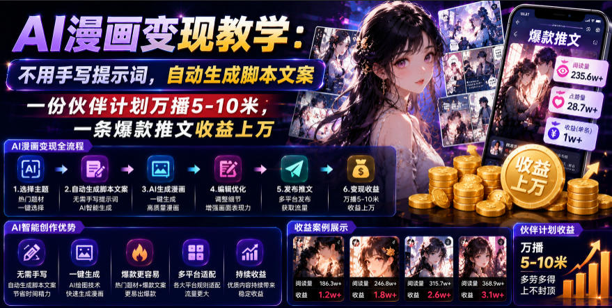 AI漫画变现教学：不用手写提示词，自动生成脚本文案，一份伙伴计划万播5-10米，一条爆款推文收益上W-智享云联
