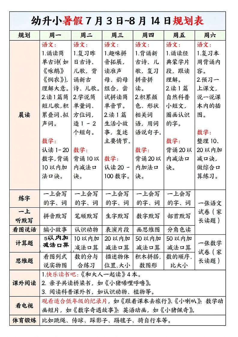 幼升小暑假规划表-智享云联