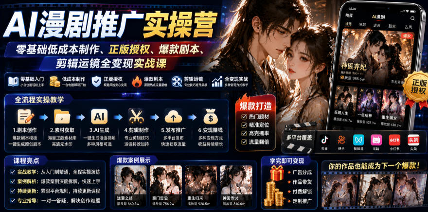AI漫剧推广实操营｜零基础低成本制作、正版授权、爆款剧本、剪辑运镜全变现实战课-智享云联