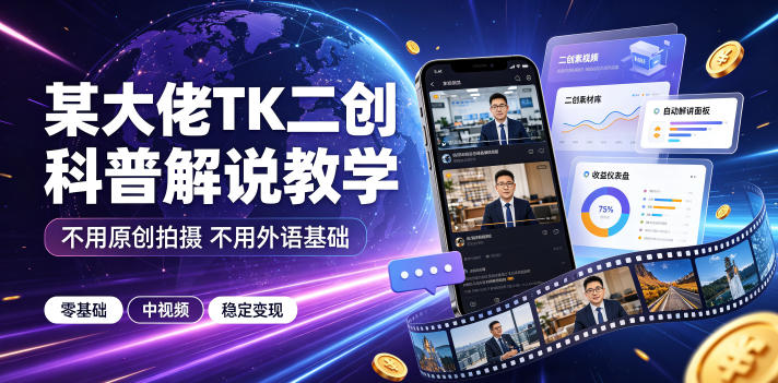 某大佬TK二创科普解说教学，不用原创拍摄不用外语基础，零基础做TikTok中视频稳定变现-智享云联