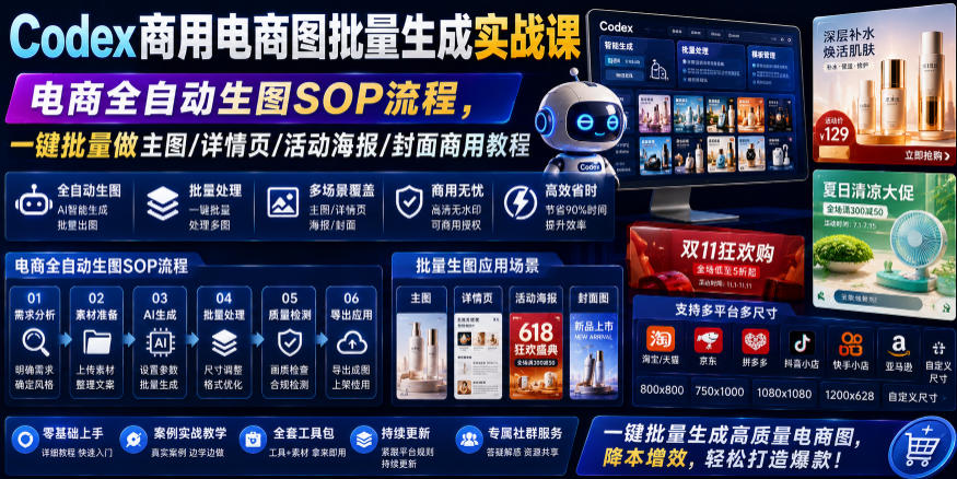 Codex商用电商图批量生成实战课｜电商全自动生图SOP流程，一键批量做主图/详情页/活动海报/封面商用教程-智享云联