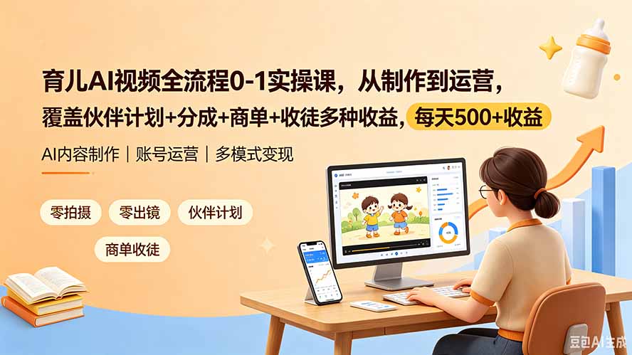 育儿AI视频全流程0-1实操课，从制作到运营，覆盖伙伴计划+分成+商单+收徒多种收益，每天500+收益-智享云联
