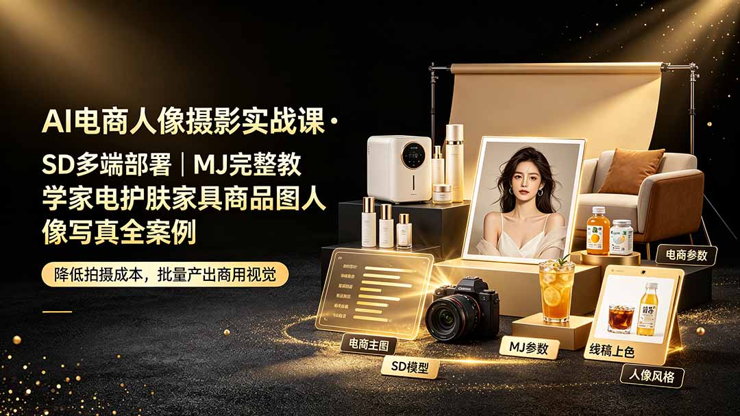AI电商人像摄影实战课·SD多端部署｜MJ完整教学｜家电护肤家具商品图人像写真全案例-智享云联
