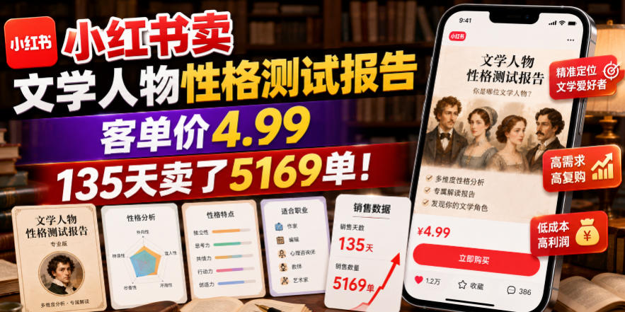 小红书卖文学人物性格测试报告，客单价4.99，135天卖了5169单！-智享云联