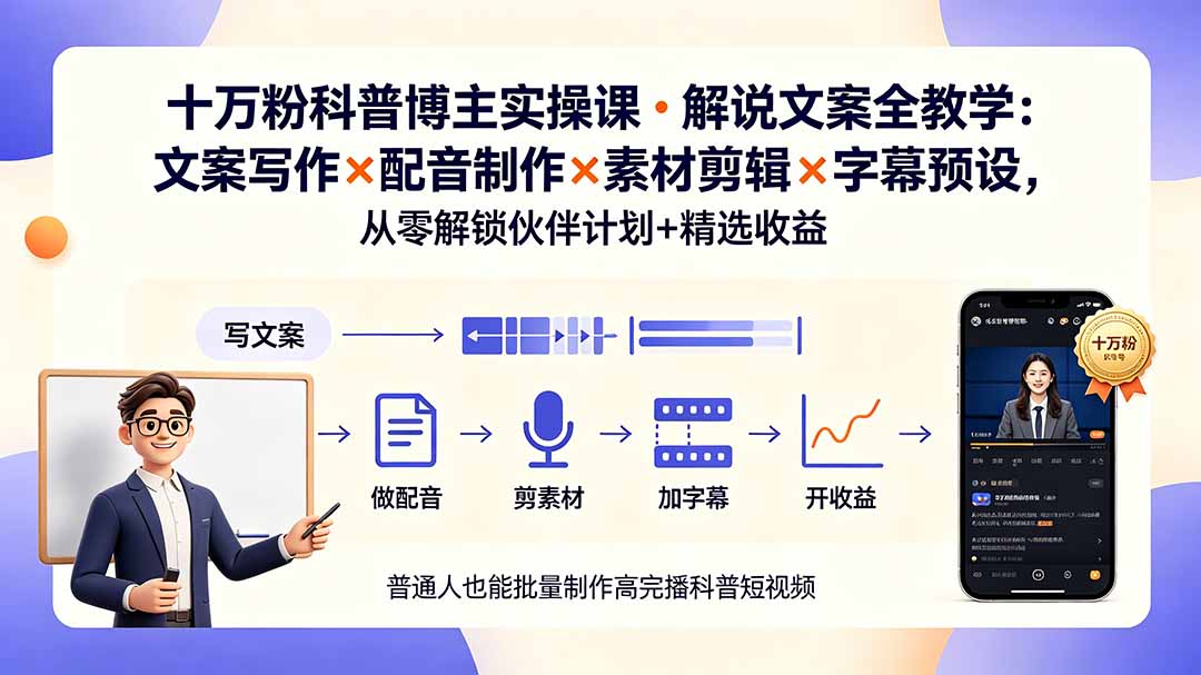 10万粉科普博主实操课-解说文案全教学：文案写作×配音制作×素材剪辑×字幕预设，从零解锁伙伴计划+精选收益-智享云联