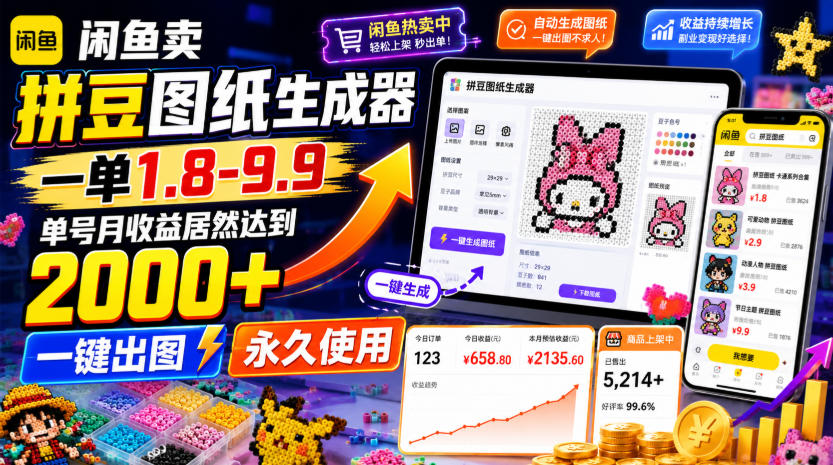 闲鱼卖拼豆图纸生成器，一单1.8-9.9，单号月收益居然达到2000+一键出图永久使用-智享云联