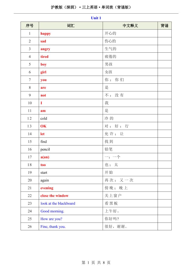 沪教版（深圳）·三上英语·单词表（背诵版）-智享云联