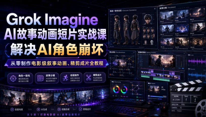 Grok Imagine AI故事动画短片实战课｜解决AI角色崩坏，从零制作电影级叙事动画、精剪成片全教程(中英字幕)-智享云联