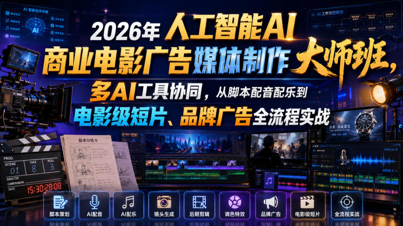 2026年人工智能AI商业电影广告媒体制作大师班，多AI工具协同，从脚本配音配乐到电影级短片、品牌广告全流程实战(中英字幕)-智享云联