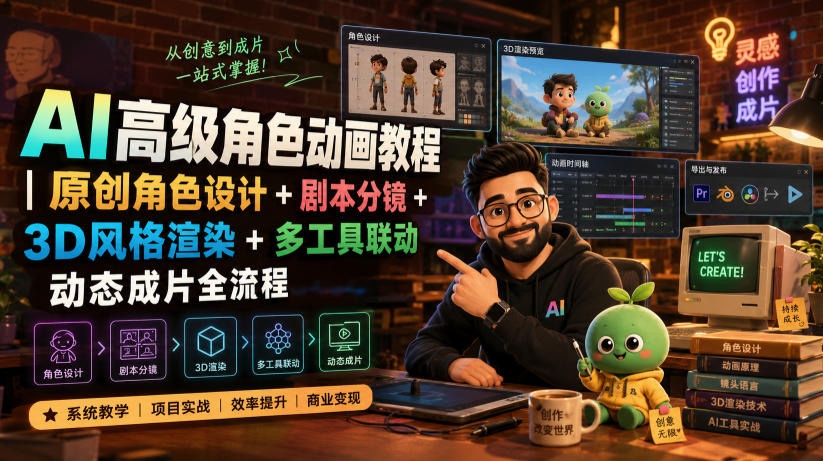 AI高级角色动画教程｜原创角色设计+剧本分镜+3D风格渲染+多工具联动动态成片全流程【中英字幕】-智享云联