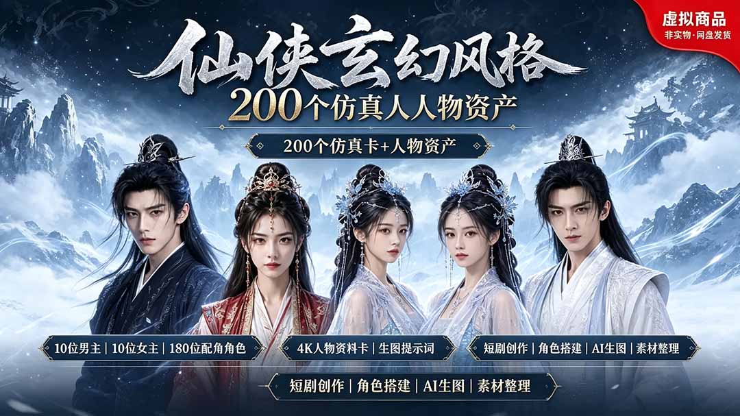 200个仙侠玄幻仿真人素材◆10男主×10女主×180配角，4K资料卡+AI生图提示词，漫剧必备-智享云联