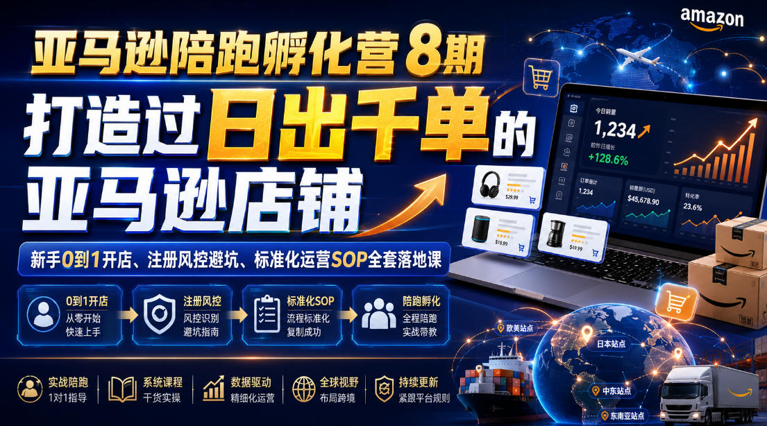 亚马逊陪跑孵化营8期，打造过日出千单的亚马逊店铺，新手0到1开店、注册风控避坑、标准化运营SOP全套落地课-智享云联