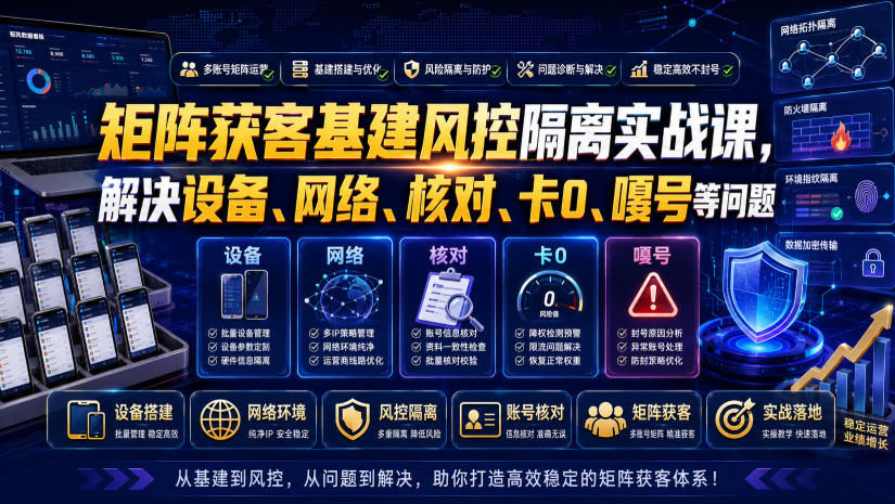 矩阵获客基建风控隔离实战课，解决设备、网络、核对、卡0、嘎号等问题-智享云联