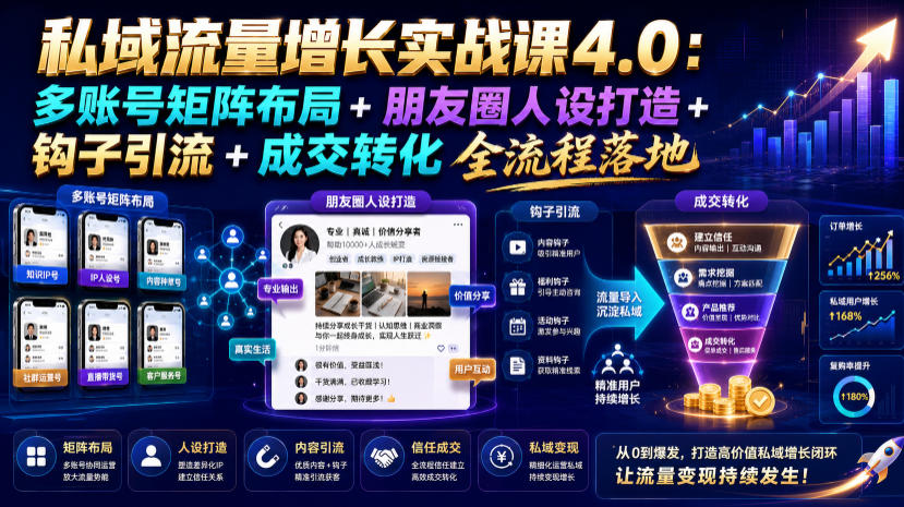 私域流量增长实战课4.0：多账号矩阵布局+朋友圈人设打造+钩子引流+成交转化全流程落地-智享云联