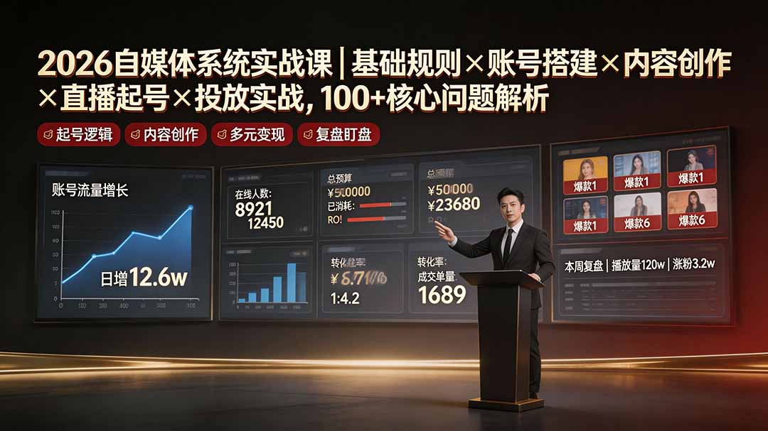 2026自媒体系统实战课｜基础规则×账号搭建×内容创作×直播起号×投放实战，100+核心问题解析-智享云联