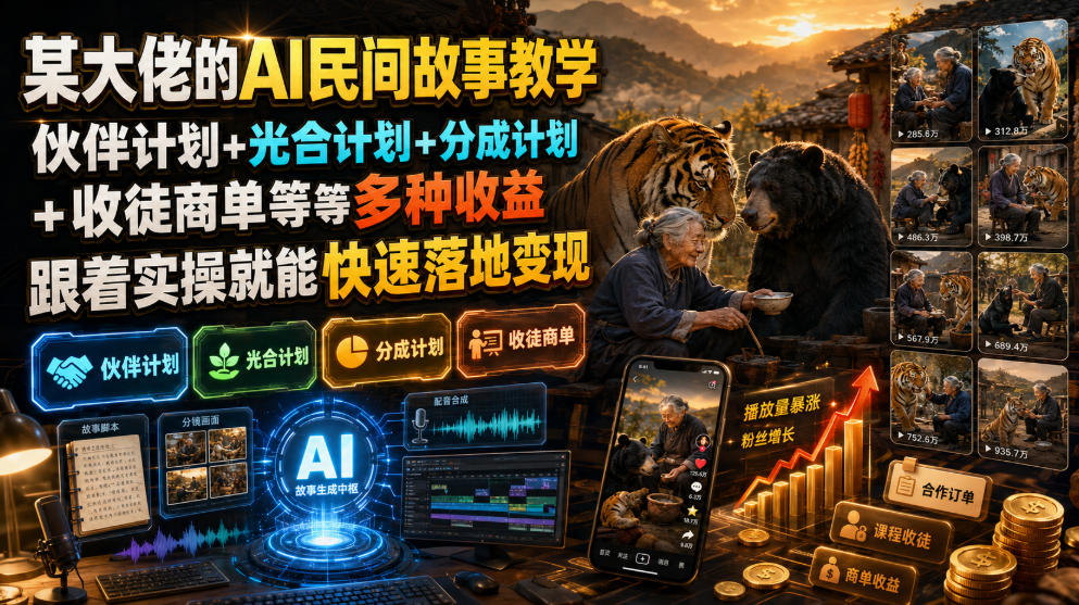 某大佬的AI民间故事教学，伙伴计划+光合计划+分成计划+收徒商单等多种收益，跟着实操就能快速落地变现-智享云联