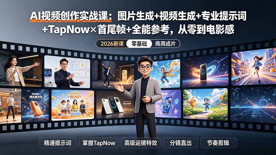 AI视频创作实战课:图片生成+视频生成+专业提示词+TapNow×首尾帧+全能参考,从零到电影感成片-智享云联
