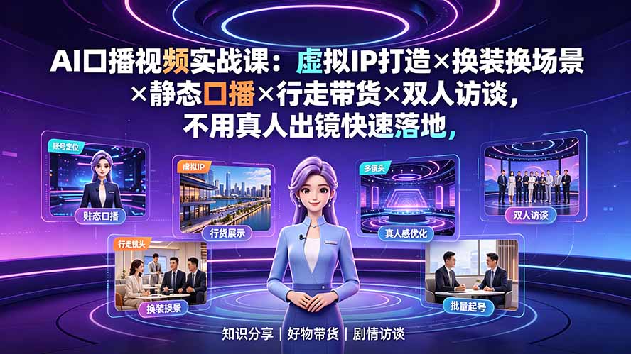 AI口播视频实战课:虚拟IP打造×换装换场景×静态口播×行走带货×双人访谈,不用真人出镜快速落地-智享云联