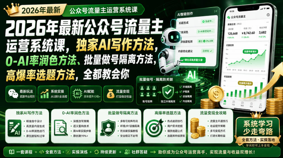 2026年最新公众号流量主运营系统课，独家AI写作方法，0-AI率润色方法、批量做号隔离方法、高爆率选题方法，全都教会你-智享云联