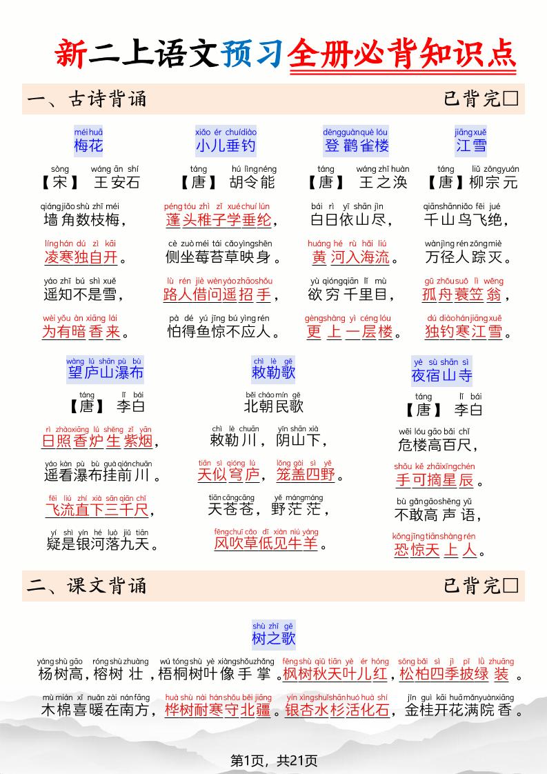 26新二上语文暑假预习全册必背知识点21页-智享云联