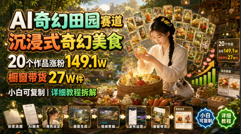 AI奇幻田园赛道，沉浸式奇幻美食，20个作品涨粉149.1W，橱窗带货27W件，小白可复制，详细教程拆解-智享云联