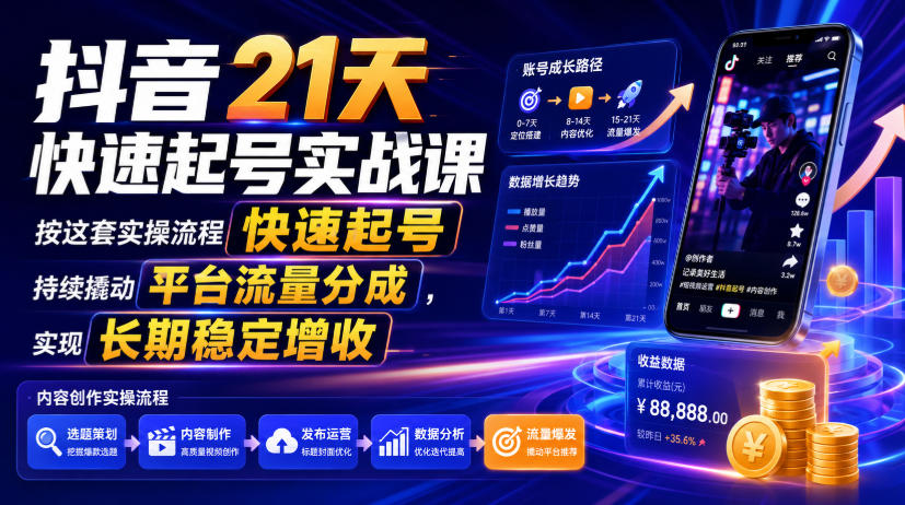 抖音21天快速起号实战课，按这套实操流程快速起号，持续撬动平台流量分成，实现长期稳定增收-智享云联