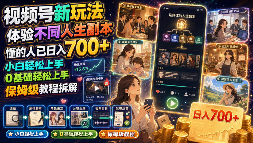 视频号新玩法体验不同人生副本，懂的人已日入700+，小白轻松上手，0基础轻松上手，保姆级教程拆解-智享云联