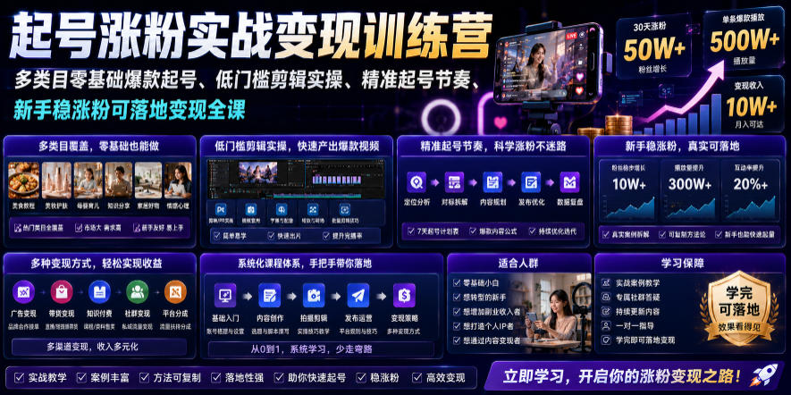苗子起号涨粉实战变现训练营，多类目零基础爆款起号、精准起号节奏、新手稳涨粉可落地变现全课(更新0719)-智享云联