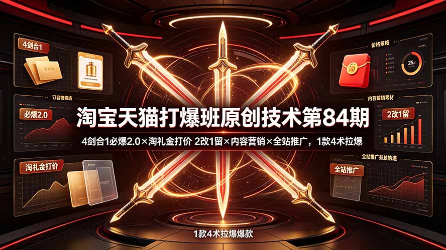 淘宝天猫打爆班原创技术第84期：4剑合1必爆2.0×淘礼金打价×2改1留×内容营销×全站推广，1款4术拉爆-智享云联